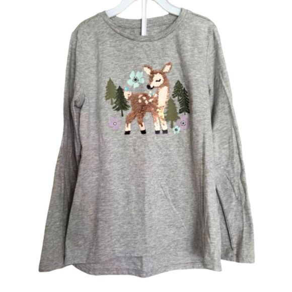 Wonder Nation Girls M 7-8 Gray Reverse Sequin Gold Fawn To Pink LS T Shirt #M - Picture 1 of 6